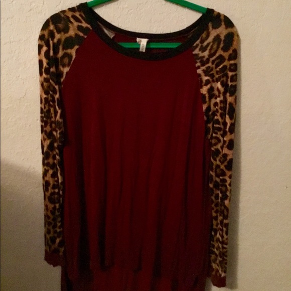 Cezanne Tops - Cezanne Maroon Tunic  with leopard print sleeves